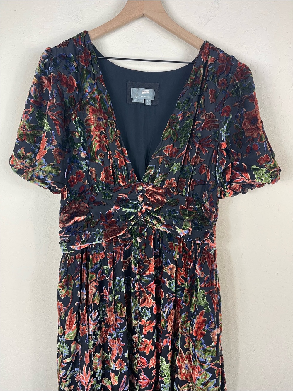 By Anthropologie Katerina Button-Front Burnout Velvet Floral Midi Dress US 16 - Picture 5 of 11